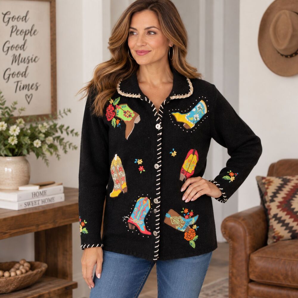 Vintage Arriviste Western Cowboy Boot Beaded Cardigan – L